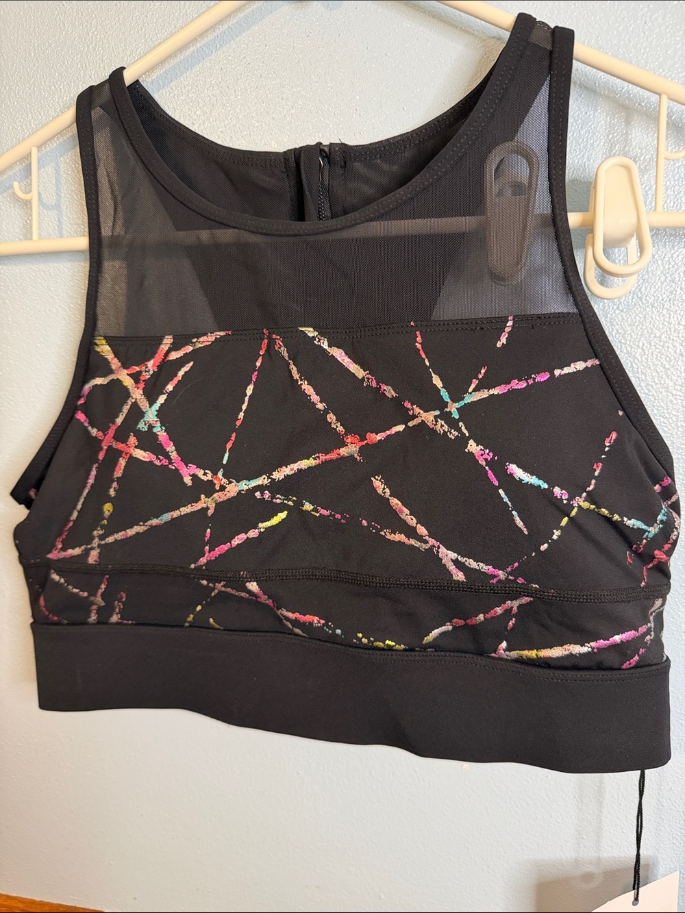 NWT ZYIA Active Abstract All Star Sports Bra Large Black Rainbow Metallic Mesh